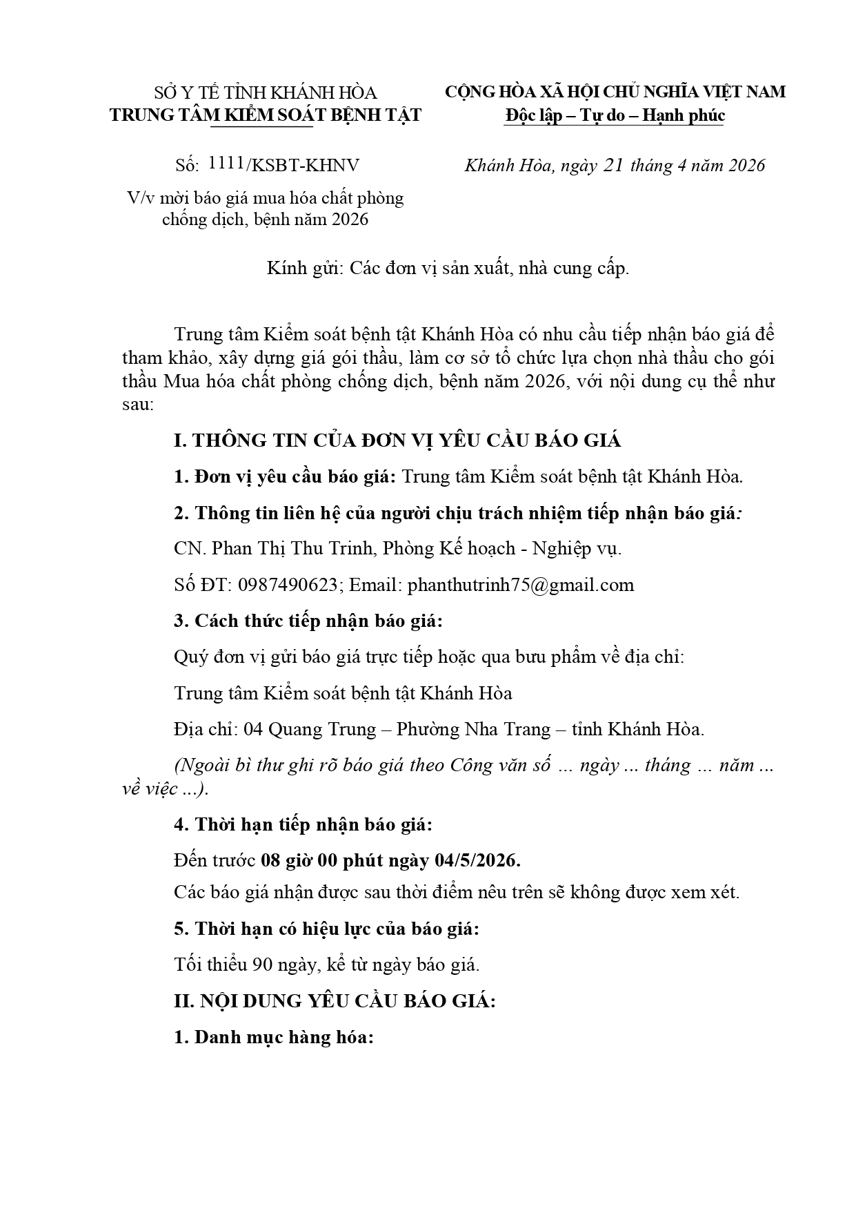 V/v mời báo giá mua hóa chất phòng chống dịch, bệnh năm 2026